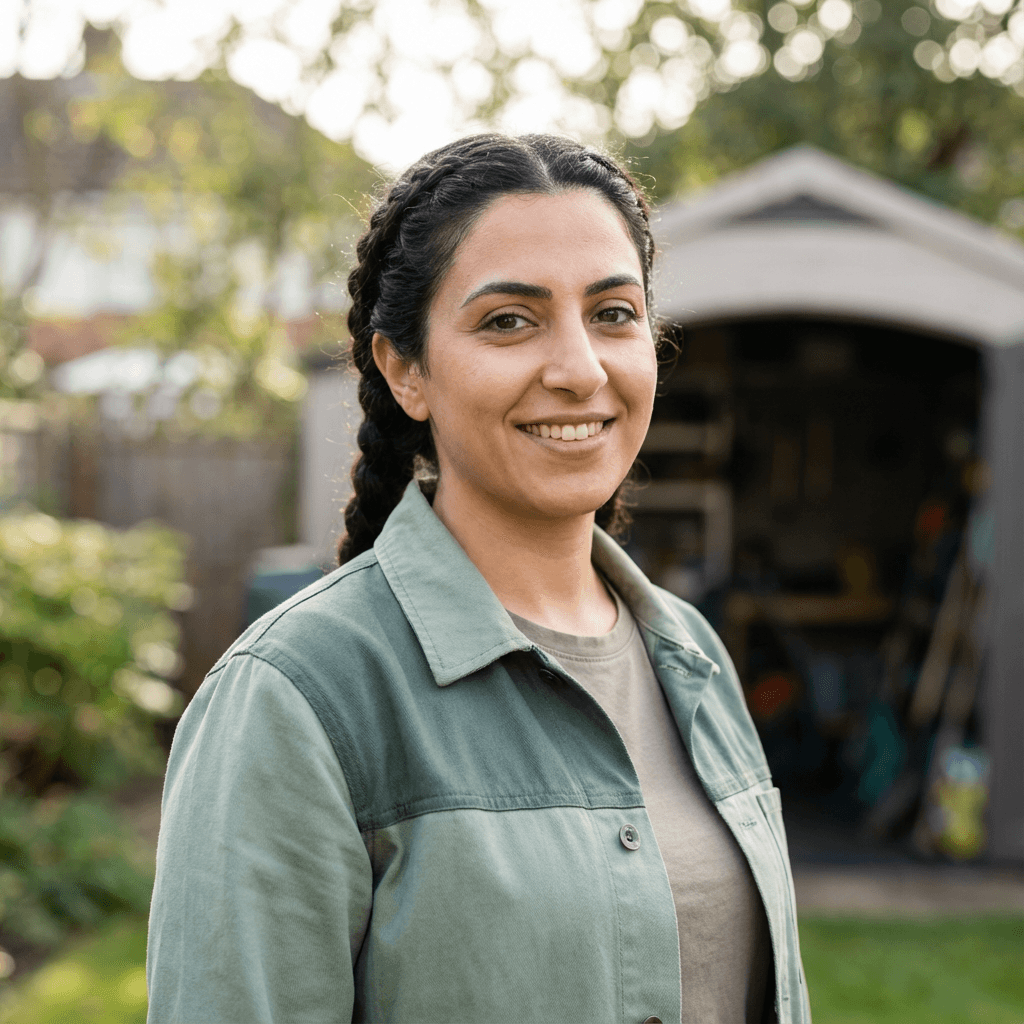 Portrait souriant de Karine RevAlu dans un jardin parisien