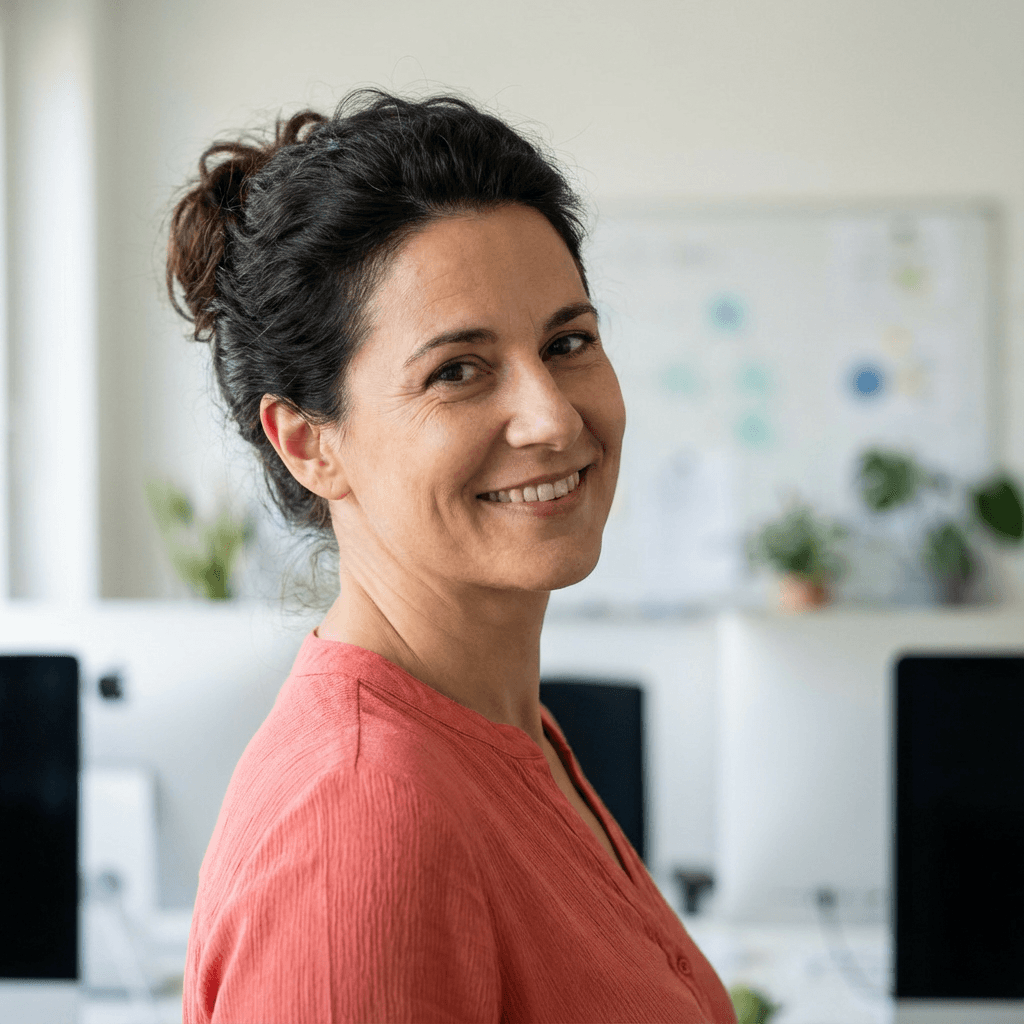 Portrait d'une femme souriante aux cheveux bruns en chignon, portant un haut de couleur corail.