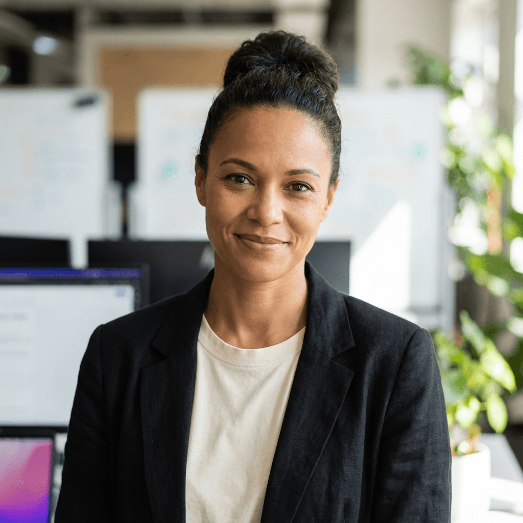 Femme souriante en blazer noir, cheveux en chignon, devant des écrans dans un bureau moderne.