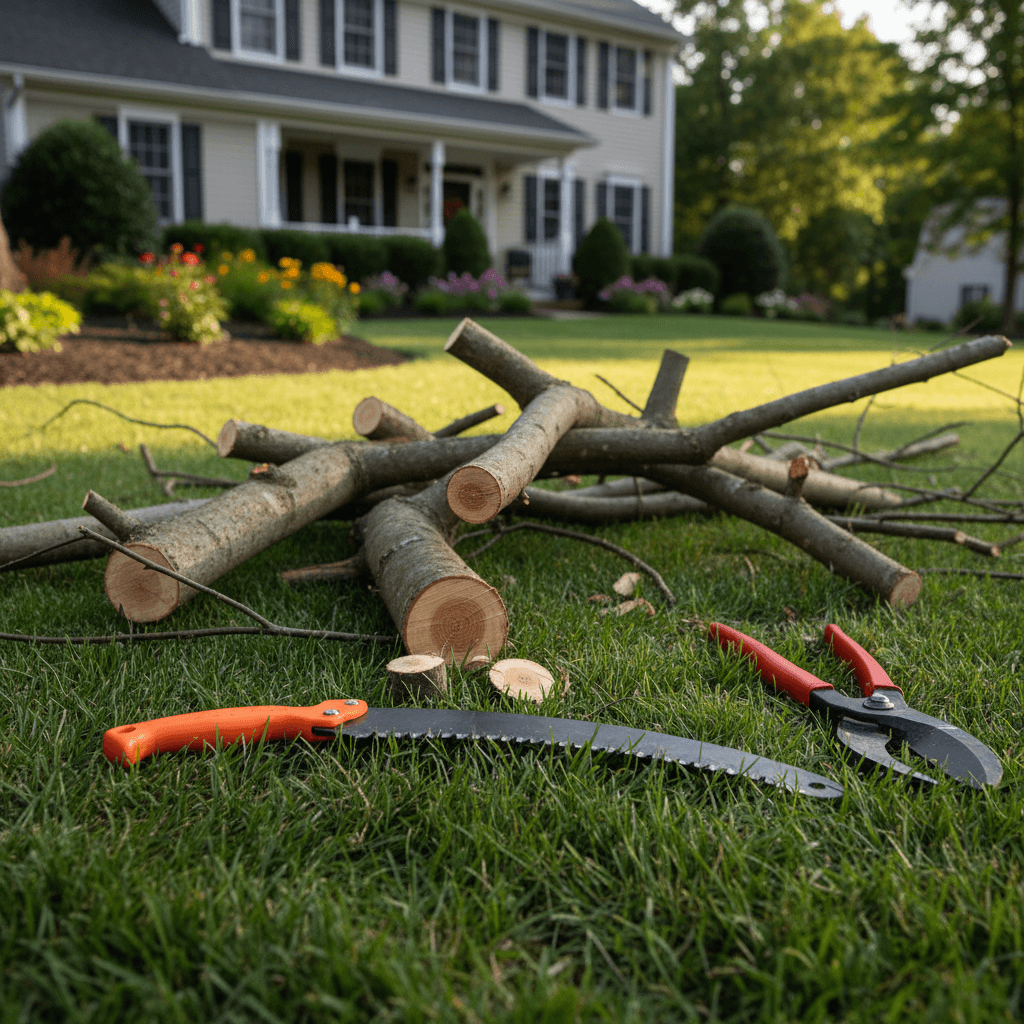 Élagage de branches d'arbre par un spécialiste avec une scie d'élagage dans un jardin
