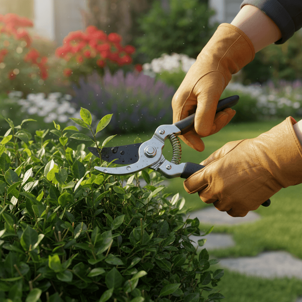 Jardinier taillant une haie avec un taille-haie professionnel dans un jardin verdoyant