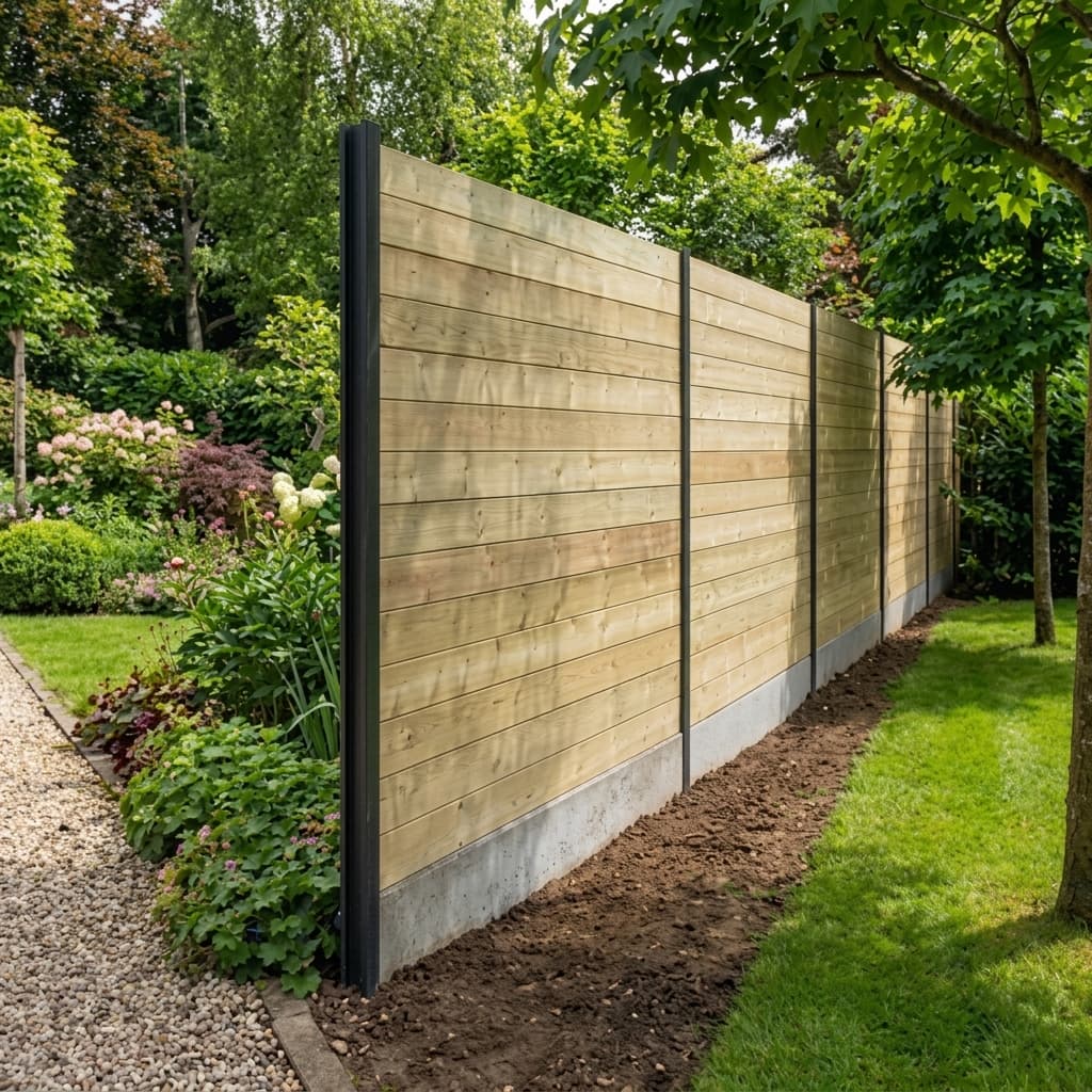 Clôture de jardin en bois à lattes horizontales avec poteaux noirs et base en béton.