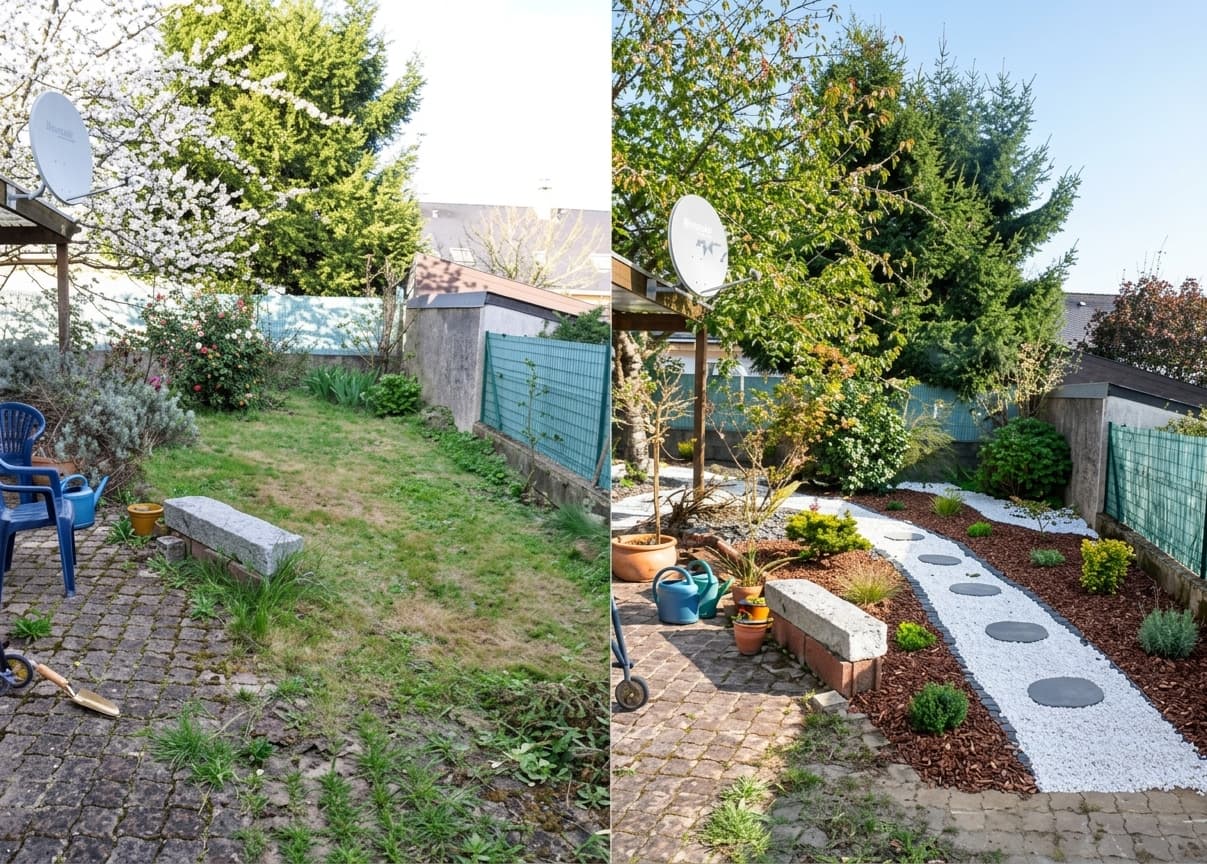 Avant et après d'un jardin rénové avec un sentier de gravier blanc et du paillis.