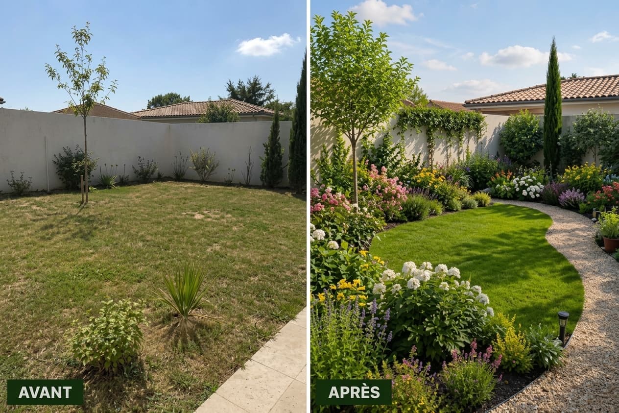 Transformation d'un jardin : d'une pelouse clairsemée à un espace paysager verdoyant et fleuri.