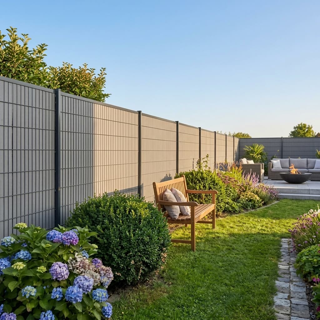 Jardin moderne avec clôture grise, banc en bois, hortensias bleus et pelouse verte ensoleillée.