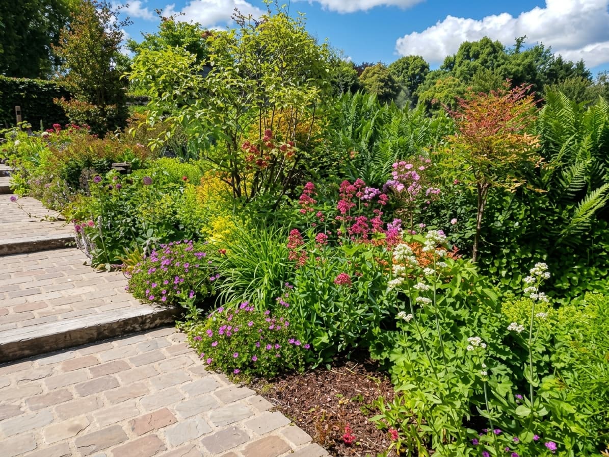 Un escalier en pierre longe un jardin luxuriant aux fleurs colorées et feuillage dense.