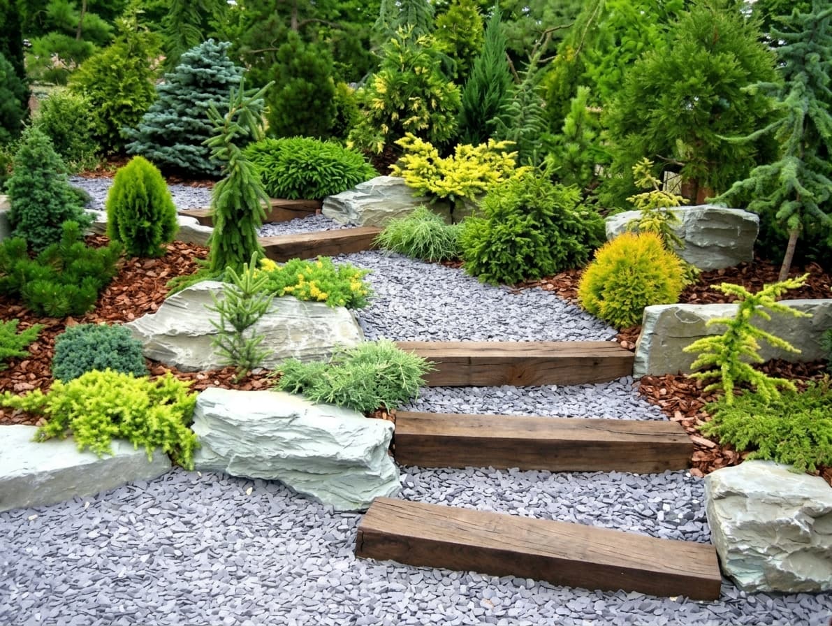 Escalier en bois sur gravier gris serpentant à travers un jardin de conifères variés.
