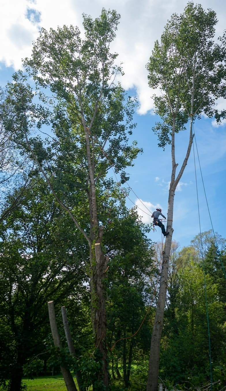 Un arboriste grimpe un grand arbre avec des cordes de sécurité sous un ciel bleu.