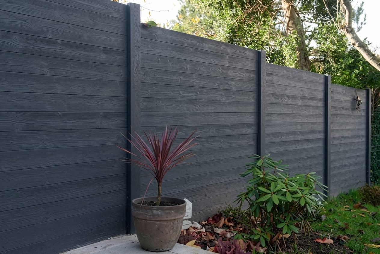 Clôture en bois gris foncé à planches horizontales avec une plante pourpre en pot.