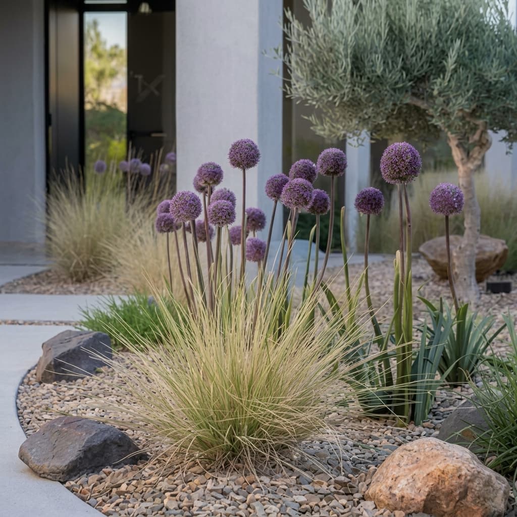 Alliums violets et graminées ornementales dans un jardin moderne avec gravier et rochers décoratifs.